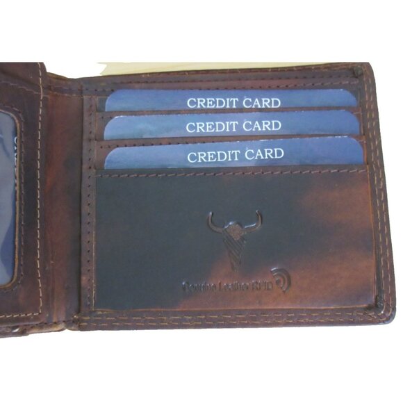 Men's Distressed Leather American Flag Bifold Brown Embossed Leather Wallet NIB - Picture 5 of 6